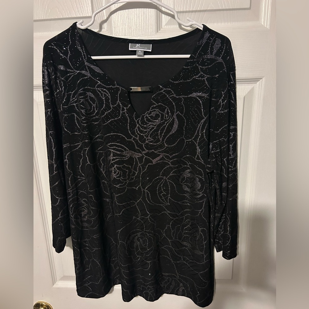 JM Collection Black and Silver Floral Top